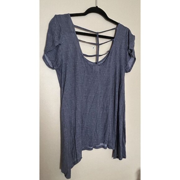 CoverStitched Blue Tee Shirt Short Sleeve Top Flowy Summer Strappy Open Back M - Picture 5 of 7